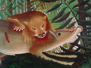 Aç olan Aslan kendini antilopun üzerine atar by Henri Rousseau