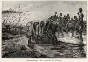 Orta Afrika nehrinin kıyısında bir su aygırı kasap dükkanı. Henri Thiriat tarafından, Albert Nebout (1862-1939) tarafından 1890