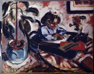 ""La petite ecoliere"" (A Little Schoolgirl) Küçük kız okul ödevini yapıyor. Tablo Henri Victor Gabriel Le Fauconnier (1881-1946) 1907 Dim 73x92 cm Ermitaj Müzesi, Sankt Petersburg (Saint-Petersburg)