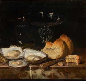 İstiridye, ekmek ve Venedik şarap kadehi ile natürmort, 1661. by Henri de Fromantiou