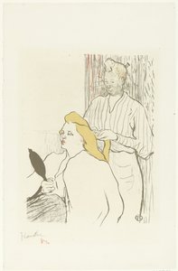 Kuaför elinde aynayla oturan kadının saçını tarıyor. Le kuaför Programı du Théâtre Libre by Henri de Toulouse Lautrec (signed by artist)