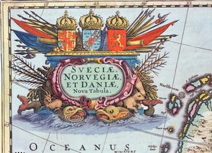 İsveç, Norveç ve Danimarka haritasından Kartuş, 1631 (renkli gravür) by Henricus Hondius II