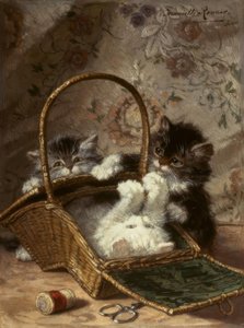 Dikiş sepeti olan genç kediler by Henriëtte Ronner Knip