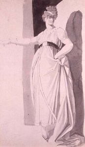 Ayrıntılı saç stili olan genç kadın, sağ kolunu uzatmış (kalem ve yıkama) by Johann Heinrich Füssli
