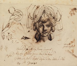 Fuseli Hanım Ayrıntılı Bir Başlık Takıyor ve Göz, Ağız ve Gövde Çalışmaları (kalem ve mürekkep) by Johann Heinrich Füssli