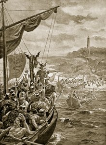 Danimarkalıların İrlanda'ya saldırısı, 'Hutchinson's Story of the British Nation'dan bir örnek, c.1920 (lito) by Henry Payne