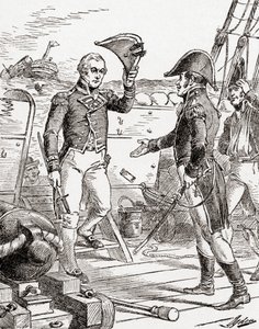 Captain Dacres from the HMS Guerriere surrenders and offers his sword to Captain Hull aboard the USS Constitution after his defeat during The War of 1812, from The History of Our Country, published 19 by Henry Alexander Ogden