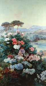 Bir Manzarada Kamelyalar ve Diğer Çiçekler (tuval üzerine yağlı boya) by Henry Arthur Bonnefoy