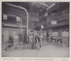 Elektrik panosunu gösteren makine dairesi, Elektrik Işık İşleri, Canterbury, Kent (s/b fotoğraf) by Henry Beauchamp Collis