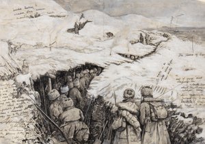 Galiçya, karla kaplı tepelerde Rus birlikleri, 13 Mart 1916 (kağıt üzerine mürekkep ve guaj boya) by Henry Charles Seppings Wright