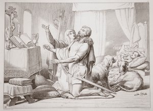 Torfrida Hereward'a dua etmeyi nasıl öğretir, Charles Kingsley tarafından yazılan Büyük Hereward'dan bir örnek, pub. 1870, CG Lewis tarafından oyulmuş (çelik levha gravürü) by Henry Courtney Selous