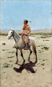 Cheyenne İzcisi. At sırtında tüfekli bir Kızılderili. Henry Francois Farny (1847-1916) tarafından yapılmıştır.