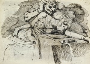 Arkasında Tehdit Eden Bir Figürle Yazı Masasında Bayılan Bir Kadın by Johann Heinrich Füssli