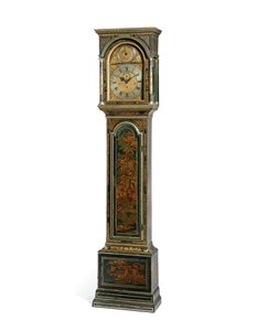 George III mavi Japon çeyreği çarpıcı uzun kasalı saat, York, c.1760 (ahşap ve metal) (ayrıca bkz. 615808) by Henry Hindley