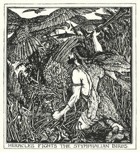 Herakles, Stymphalian kuşlarıyla (lito) savaşır by Henry Justice Ford