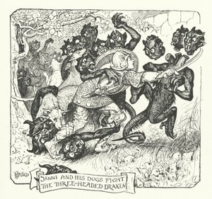 Janni ve Köpekleri Üç Başlı Ejderhayla Savaşıyor (gravür) by Henry Justice Ford