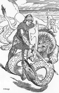 Percival Fightint the Snake İllüstrasyonu, HJ Ford (1860-1940), “The Book of Romance”dan, 1902 Özel Koleksiyon by Henry Justice Ford
