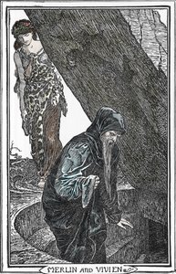 Merlin the Enchanter ve Fee Viviane (Merlin anc Vivien) İllüstrasyonu, Henry Justice (HJ) Ford (1860-1941) “The book of Romance”dan” 1902 Koleksiyonu by Henry Justice Ford