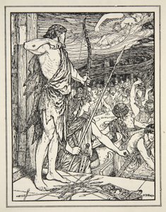 Ulysses, Andrew Lang'ın 'Yunan Denizlerinin Öyküleri'nden Wooers'a İlk Oku Vuruyor by Henry Justice Ford