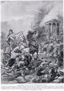 Boadicea'nın Camulodunum'a saldırısı, 'Hutchinson's History of the Nations'dan bir örnek, c.1910 by Henry Payne
