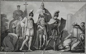 Henry ve Lewis, Papa'yı Torci Kalesi'ne götürüyorlar, Saunders tarafından oyulmuş, David Hume'un 'İngiltere Tarihi'nden bir örnek, pub. R. Bowyer tarafından, Londra, 1812