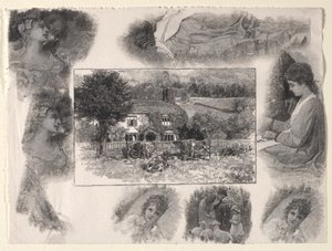 Kulübe ve çeşitli eskizlerle çevrili inekler ile manzara. by Henry Wolf