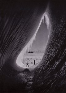 Bir buzdağındaki mağara; Uzaktan Terra Nova (s/b fotoğraf) by Herbert Ponting