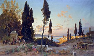 Vue du Bosphore a Constantinople - Hermann David Salomon Corrodi Peinture (1844-1905), oryantalizm - Manzaralar Boğaziçi, İstanbul - Tuval üzerine yağlı boya Hermann David Salomon Corrodi (1844-1905) - 100x166,5 cm - Özel Koleksiyon by Herman David Salomon Corrodi