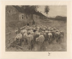 Çoban ve koyun sürüsü olan bir kadın by Herman Johannes van der Weele (signed by artist)