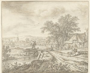 Bir köprünün yanında bir çiftlik ile tepelik manzara by Herman Saftleven