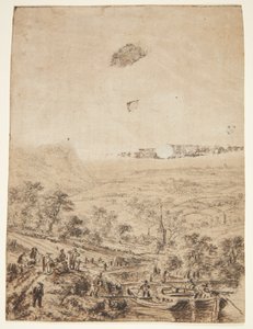 Çiftçiler, balıkçılar ve bir köy kilisesi ile panoramik manzara by Herman Saftleven