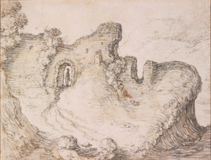 Bir adamın yüzünün profilini oluşturan harabelerle dolu kayalık manzara, c. 1650