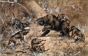 Ayı Avı (kağıt üzerine suluboya ve çin beyazı) by Herman Wendleborg Hansen
