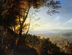 Bir kulübenin yanında köylülerin olduğu ormanlık bir manzara (panelde yağ) by Herman the Younger Saftleven