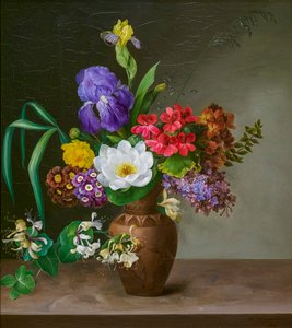 İrisli, Leylaklı Yunan Üslubunda Bir Vazo (metal üzerine yağlıboya) by Hermania Neergaard