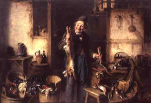 Tavşan Tutan Bir Adamla Mutfak İçi (panelde yağ) by Hermann Kern