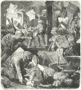 Nassau'lu Adolph II'nin askerlerinin Mainz'e saldırısı sırasında Peter Schoffer'ın matbaa atölyesinin yıkılması by Hermann Vogel