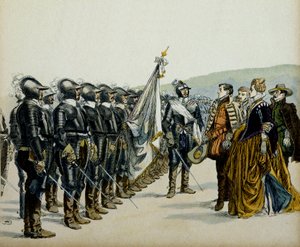 Joan of Albret veya Joan of Albret III (1528-1572) ve oğlu Henry IV (1553-1610) Protestan birliklerinden önce. Hermann Vogel