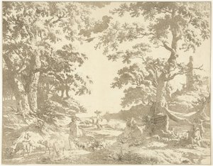 Janus heykeli ile Arcadian manzara by Hermanus Fock