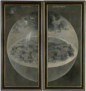 Dünyanın kozmik küresini temsil eden dünyanın yaratılması (Bulle). "Dünyevi zevklerin bahçesi" üçlüsünün panjurlarının arkası. Hieronymus Bosch olarak bilinen Hieronymus Van Aeken