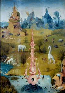 Cennet La Fontaine. Hieronymus Van Aken (Aken) tarafından Jerome Bosch (1450-1516) tarafından yazılan “Zevkler Bahçesi” üçlüsünün sol parçasının detayı by Hieronymus Bosch