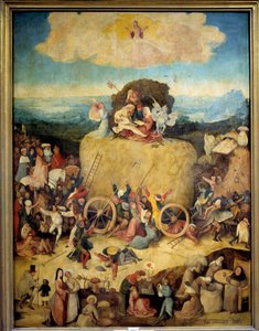 Şimdiki zamandan en iyi şekilde yararlanmak isteyen kadın ve erkeklerin Alegori Saman Arabası. Geçiş üzerindeki alegorik triptiğin orta paneli, Jerome Bosch (1450-1516) olarak bilinen Hieronymus Van Aeken