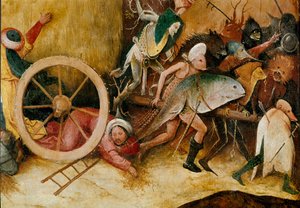 Saman tankı veya saman üçlüsü (saman arabası): Orta panel detayı. Canavar figürleri, antropomorfik karakterler ve bir adam tekerleğin altına çarpıyor. Hieronymus Van Aeken (Aken) ve Jerome Bosch (1450-1516) tarafından yapılan boyama by Hieronymus Bosch