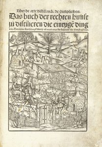 Bir manzarada rakamlarla bitkisel içki fabrikalarını gösteren başlık sayfası by Hieronymus Brunschwig