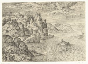 Kahraman ve Leander ile Kıyı Manzarası Kahraman ve Leander İncil ve mitolojik sahneleri olan manzaralar (dizi başlığı) by Hieronymus Cock