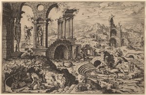 Harabelerle Bir Manzarada Aziz Jerome by Hieronymus Cock after Maerten van Heemskerck