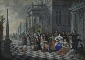 Bir sarayın önünde müzik yapan karakterler, 1672