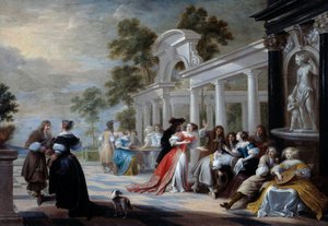 Bir parkta oynayan Flaman soylularının Hot Hand Gençleri oyunu. Resim Hieronymus Janssens dit le Dancer (1624-1693) 17. yüzyıl Güneşi. 0,58x0,83 m