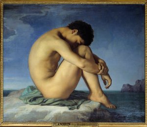 Deniz kenarında oturan genç çıplak adam düşünür geri çekilme pozisyonunda (iç gözlem). Resim Hippolyte Flandrin (1809-1864) 1836. Tuval üzerine yağlı boya. Güneş. 0,98x1,24 m - Denizin kenarında oturan genç çıplak adam. Düşünür, koruyucunun cenin, uyku poz