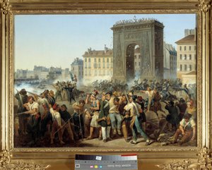 Kapı Savaşı Saint Denis 28 Temmuz 1830 1830 devrimi veya Trois Glorieuses sırasında Parisli ayaklanma. Hippolyte Lecomte (1781-1857) tarafından yapılan boyama. 1830. Soluk. 0,43 x 0,60 m. Paris, Musee Carnavalet - Porte Saint Denis'te Kavga, 28 Temmuz 